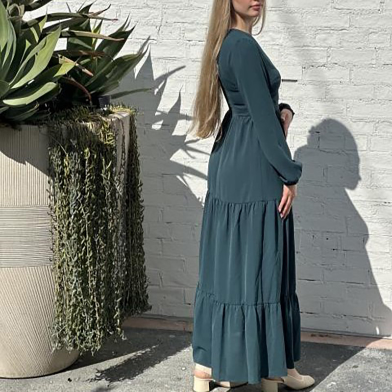 Solid Color Long Sleeve V-Neck Tiered Dress